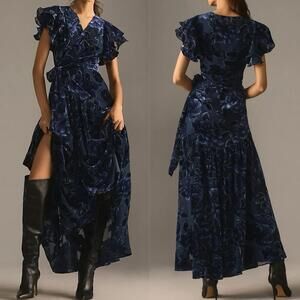 Anthropologie Hutch Short Sleeve Velvet Burnout Wrap Floral Maxi Dress ZOLA - XL